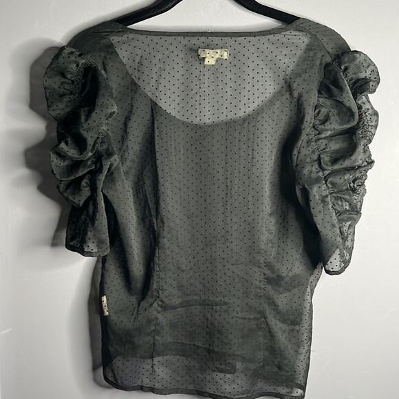 Silence + Noise Black Pin Dot Sheer Puff Sleeve Blouse Size Small - Picture 6 of 7